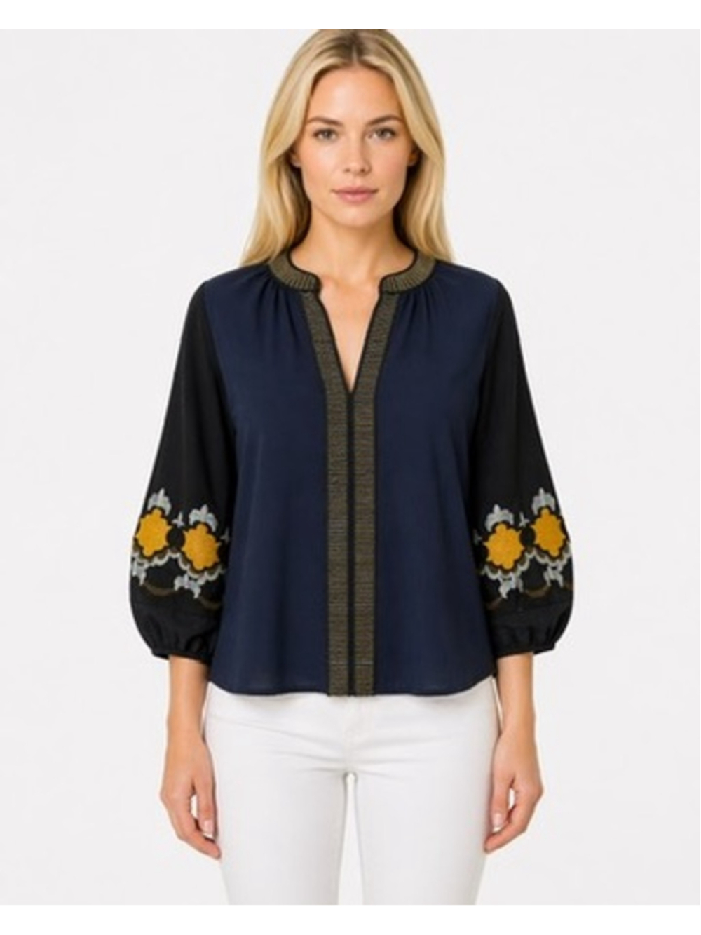 Anthropologie Vanessa Virginia Boho Embroidered Top Navy Floral Peasant Size S